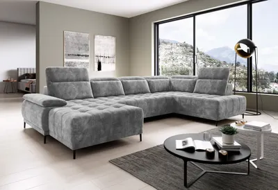 Produktbild von DOMO-HOME Großes U-förmiges Ecksofa FOCUS XL 352x204cm | Bequemes und modernes Design | Verstellbare Kopfstützen | r Veloursstoff | Schlafoption und elektrische Sitzverstellung | Farbe hellgrau | Rechts