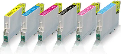 Six ink cartridges lined up on a white surface.
