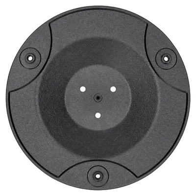 A top-down view of a black circular disc with three small white holes in the center and three larger circular indentations with screw holes around the perimeter.