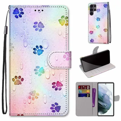 Productafbeelding van Telefoonschaal voor Samsung Galaxy S22 Ultra 5G, beschermhoes, portemonnaiehoes, 360-graden hoes, etui, kleur: voetafdruk, waterdruppel