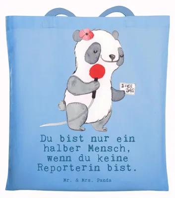 Produktbild von Mr. & Mrs. Panda Tote Bag Reporterin Herz - Sky Blue - Geschenk, Tasche, Shopping, Einkaufstasche, Jutebeutel, Tragetasche, Laptoptasche