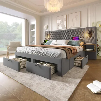 A modern bedroom with a large bed, nightstands, and a window view.