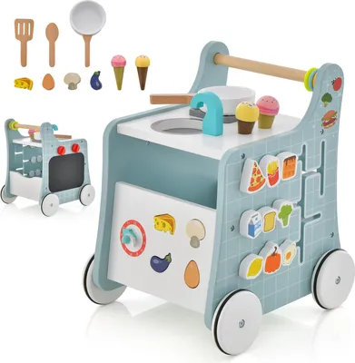 Produktbild von GOPLUS 6 in 1 Lauflernhilfe aus Holz, Lauflernwagen mit Spielküche, Formanpassung, beweglichem Schieber & Lernuhr, Blau