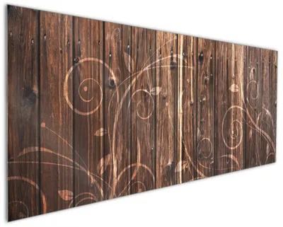 Produktbild von Wallario Küchenrückwand aus Glas, Größe: 125 x 50 cm, Motiv: Holz in dunkelbraun mit Blumenmuster - Schnörkel | Spritzschutz | abwischbar | pflegeleicht | in