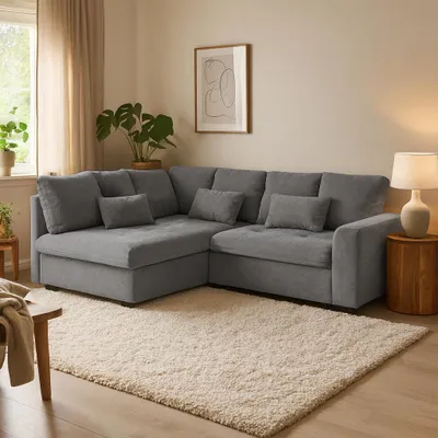 Obrázek produktu pro BEAUTYSOFA | Rohová pohovka RAMO 229 cm, rohová pohovka s funkcí spaní 160x200 cm, moderní rozkládací pohovka v šedé barvě, včetně matrace