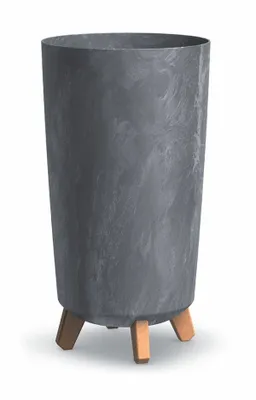 A tall, cylindrical planter with a stone-like gray finish and three wooden legs.