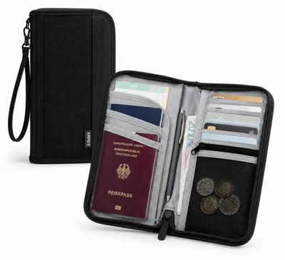 Produktbild von RFID Reiseorganizer für Reisepass Karten Bargeld mit Handschlaufe für Reisedokumente in Schwarz