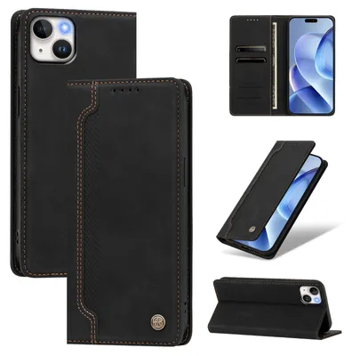 Produktbild von Handyhülle für iPhone 15 Plus, Leder Wallet Klapphülle mit Standfunktion, Stoßfeste Schutzhülle Schwarz