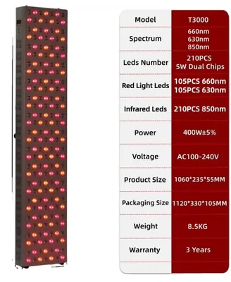 Zdjęcie produktu dla Panel do terapii światłem czerwonym LED, technologia podwójnego chipa, terapia bliską podczerwienią 660 nm, wszechstronne zabiegi na skórę, T3000PRO