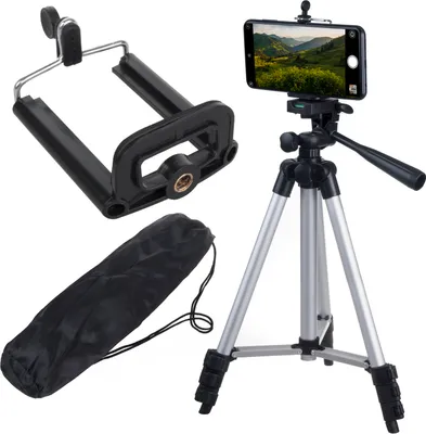 Produktbild von Maclean MC-164 Univerzálny 1/4" statív s držiakom na telefón a puzdrom na prenášanie Vhodný pre fotoaparáty Videokamery Smartfóny Prstencové svietidlá Statív Skladací Nastaviteľná výška max. 102 cm