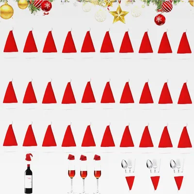 Produktbild von Mini Weihnachtsmütze, 30 Stück Weihnachtsmütze Besteck, Weihnachtsmütze Tischdeko, Weihnachtsmützen Besteckhalter, für Tasse Besteck Flasche,DIY Xmas Home Party Tischdekoration