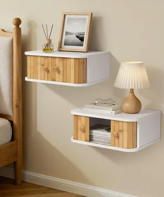 Image de Table de nuit élégante - Étagère murale - Accents en bambou - Flottante - Rangement - MDF durable