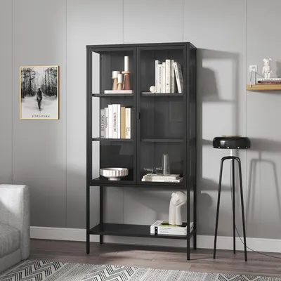 A black metal and glass display cabinet filled with books and decorative items, placed in a room with a gray wall and a patterned rug.
