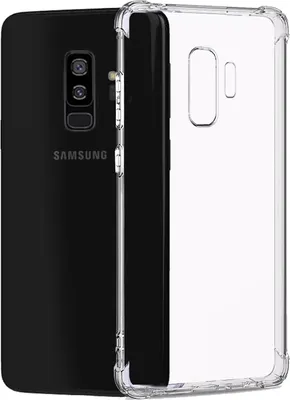 A black Samsung Galaxy S9 Plus phone next to a transparent phone case.