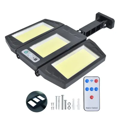 A black solar-powered outdoor light with three adjustable panels and a remote control, along with mounting hardware, displayed on a white background.