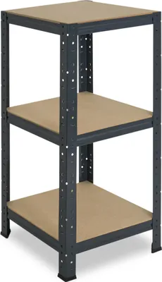 A three-tier shelving unit with a metal frame and particleboard shelves, shown against a white background.