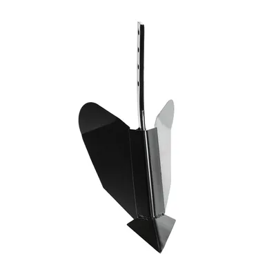A black agricultural tool, likely a plow attachment, is shown against a white background.