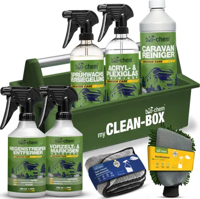 Produktbild von bio-chem Caravan & WoMo Außenpflege Premium Set 8-teilig - Profi Außenreiniger & Pflegemittel für GFK, Acrylglas, Alu & Kunststoff an Wohnmobil, Wohnwagen - Inkl. Mikrofasertuch & Waschhandschuh
