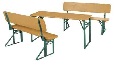 Produktbild von roba Outdoor Party-Garnitur für Kinder - Kindersitzgruppe mit Lehne aus Holz - 2 Bänke + 1 Tisch - Klappbare Sitzmöbel ab 24 Monaten - Natur / Grün