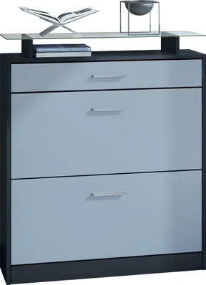Produktbild von Vladon Schuhschrank Loret, Schuhkipper für 16 Paar Schuhe mit 2 Klappen und 1 Schublade und Glasablage, Schwarz matt/Denim Hochglanz (89 x 104 x 23 cm)