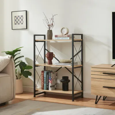 Zdjęcie produktu dla Półka stojąca 'Skørping' z 3 półkami metalowa rama 90 x 65 x 30 cm czarny / wygląd dębu
