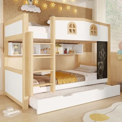 Imagen del producto de Cama nido Merax de 90x200 cm con cama extraíble, 3 plazas, estantes y pizarra removible. Cama infantil de madera, litera, color blanco