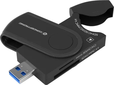 Produktbild von Conceptronic StreamVault BIAN04B, MicroSD (TransFlash), MicroSDHC, MicroSDXC, SD, SDHC, SDXC, Schwarz, 5000 Mbit/s, USB 3.2 Gen 1 (3.1 Gen 1) Type-A, 30 mm, 85 mm