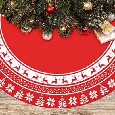 Produktbild von Weihnachtsbaumdecke rund, 120 cm, rot mit Schneeflocken und Rentier, für Weihnachtsdeko