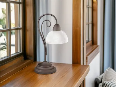 Produktbild von Große LED Tischlampe im Landhausstil mit Glas Lampenschirm, Nachttischlampe 40cm
