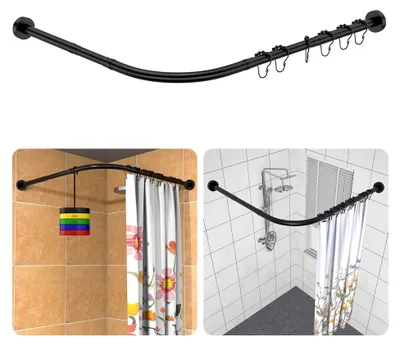Produktbild von Duschvorhangstange ohne Bohren, 304 Edelstahl L-Form Teleskopstange, 95-125 x 95-125 cm, inkl. 18 Ringe, ohne Deckenhalterung, rostfrei, für Badewanne & Dusche - Schwarz