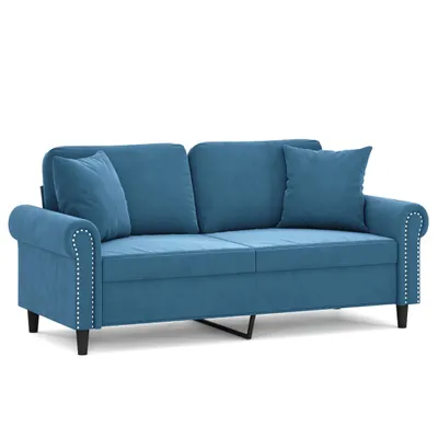 Imagen del producto de Sofá de 2 plazas con cojines decorativos, color azul, 140 cm, tapizado en terciopelo