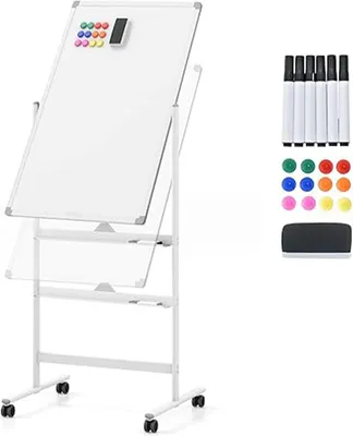 Produktbild von Doppelseitiges mobiles Whiteboard, 60 x 90 cm, magnetisches Whiteboard höhenverstellbar mit Rollen & Ständer, mit Stiftablage, inkl. Zubehör