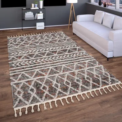 Produktbild von Hochflor Teppich Wohnzimmer Shaggy Boho Modern Skandi Rauten Fransen Grösse 140x200 cm