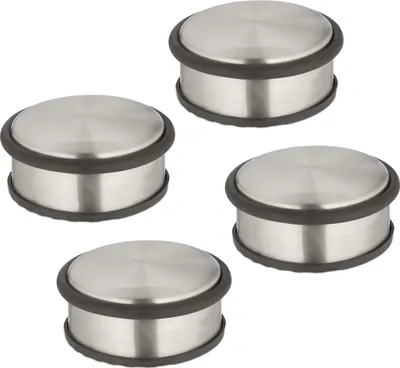 Obrázek produktu pro Sada 4 kusů zarážek do dveří Relaxdays, V x H 4,5 x 10,5 cm, ploché a těžké, protiskluzové, zarážka z nerezové oceli, stříbrná/černá