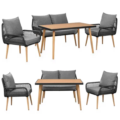 Two views of an outdoor seating set, including a sofa and two chairs, with a table.