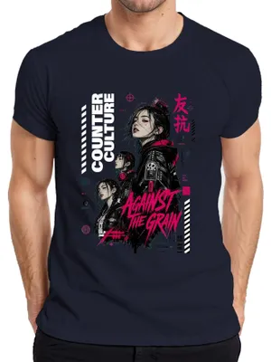 Productafbeelding van "Against The Grain" Anime Cyberpunk T-shirt voor heren, met een afbeelding van een meisje in Japanse stijl, Y2K, Harajuku, roze. Kleur: marineblauw. Maat: S