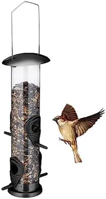 Produktbild von PolkaHome® Vogelfuttersilo – Hängende Vogelstation mit 4 Öffnungen, 42 cm, Schwarz