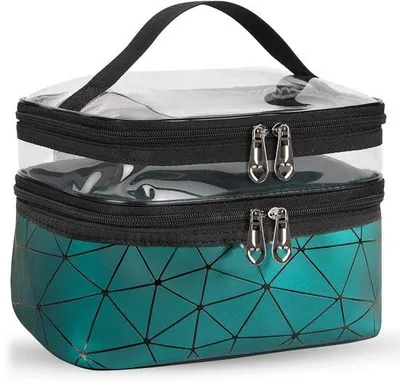 Zdjęcie produktu dla Ibenzoa® Kosmetyczka dwuwarstwowa, wodoodporna, o wymiarach 23 x 17 x 16 cm – wykonana z PVC/PU, duża pojemność, przezroczysta przegródka i elastyczne uchwyty na pędzle