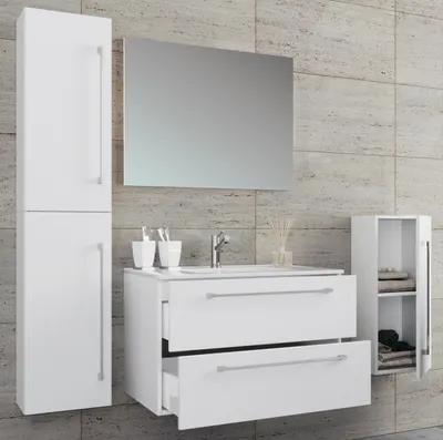 Produktbild von VCM 5-tlg. Set | 1 Waschtisch mit zwei Schubladen, 1 Spiegel, 1 Waschbecken, 1 Midischrank, 1 Hochschrank | Keramik Waschbecken | hängend Unterschrank 80 cm | Badmöbel Set Waschplatz – Badinos