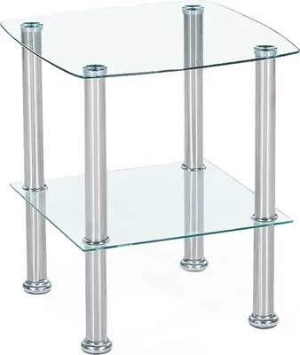 A two-tier glass table with silver metal legs, shown from a diagonal angle against a white background.