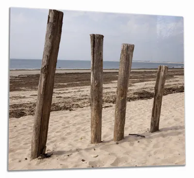 Produktbild von Wallario Herdabdeckplatte aus Glas, Größe 60 x 52 cm 1-teilig, Motiv Sandstrand mit Holzpfählen am Atlantischen Ozean