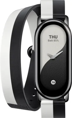 A close-up studio shot of a Xiaomi Smart Band 8 with a double wrap strap.