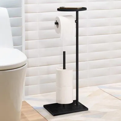 Image de Porte-rouleau de papier toilette sur pied, noir et acier inoxydable, avec support pour 4 rouleaux