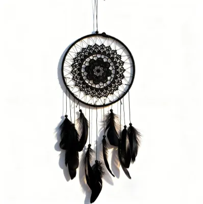 Traumfänger mit Federn, Macramé, schwarz, rund, 20,5 cm