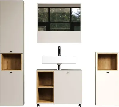 Image de Ensemble Meuble Salle de Bain Cachemire, 180x186x42 cm, Colonne Miroir Meuble sous Vasque Rangement, SAO PAULO