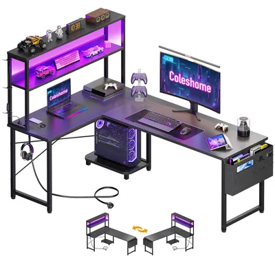 L-förmiger Gaming-Schreibtisch mit LED, 155x100 cm, Schwarz