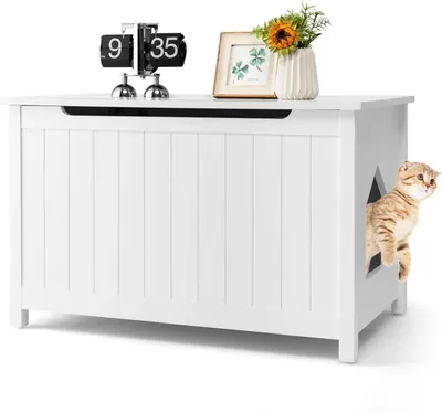Immagine prodotto di Armadio per lettiera - Mobili per gatti - Legno, ingresso laterale, coperchio ribaltabile, divisorio rimovibile, due ganci - Bianco