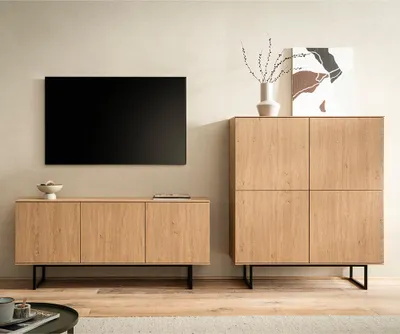 Produktbild von Wohnwand in Eiche mit 150 cm Lowboard & Highboard, Metallgestelle, 2-teilig - KASOL-61