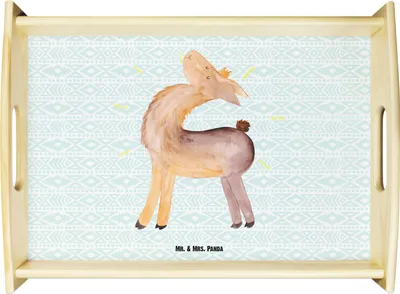 Produktbild von Mr. & Mrs. Panda Servier Tablett Lama Stolz - Aztekenblau - Geschenk, Dekotablett, Family, Deko, Lamas, Holztablett, Hippie, Servierplatte Holz, Küchentablett, Familie