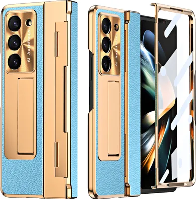 Produktbild von Hülle für Samsung Galaxy Z Fold 5 mit Displayschutz & Objektivschutz Galvanisierte Litschi Ständer Schutzhülle Blau